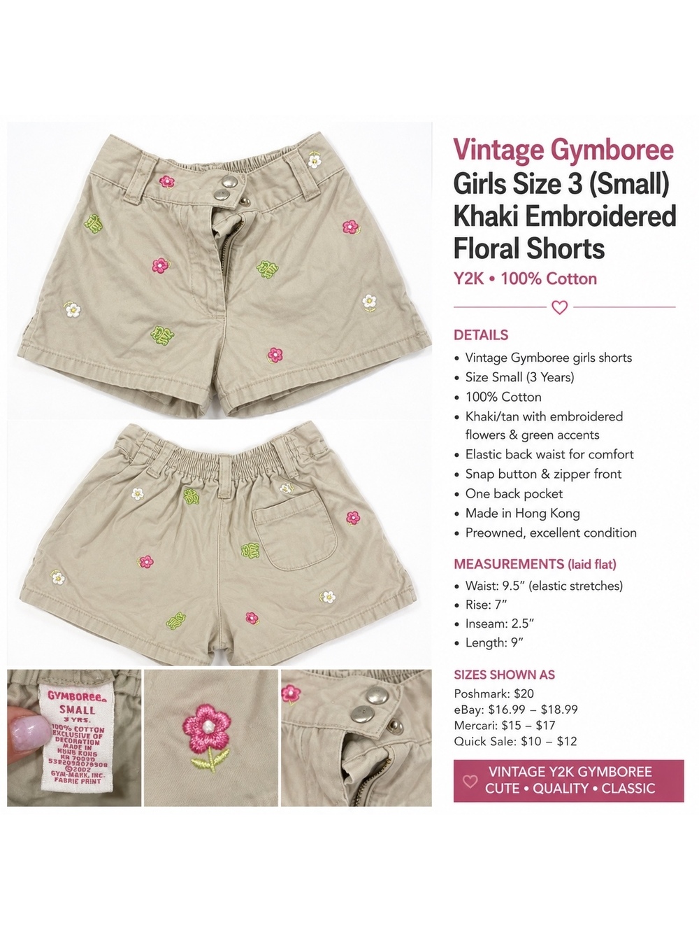 Vintage Gymboree Girls Size 3 Khaki Embroidered Floral Shorts Y2K